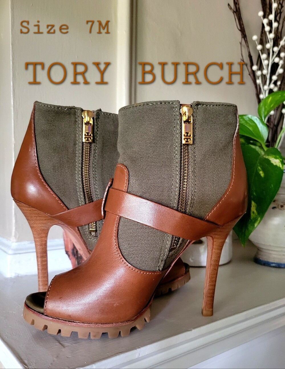 Tory Burch Size 7 Oren Cognac & Olice Green Ankle Boots Heels